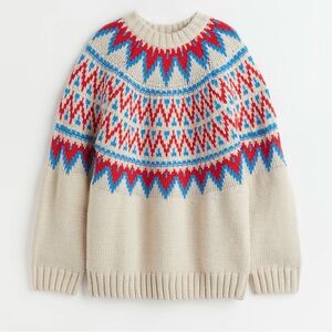 H&M Jacquard Knit Fair Isle Pullover Oversized Jumper Sweater Cream Red Small